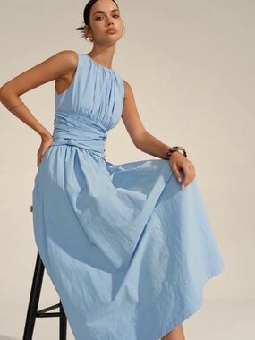 Commense Sky Blue Sleeveless Midi Dress with Cinched Waist NWT